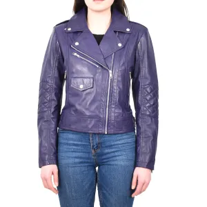 Women's Real Leather Biker Cross Zip Jacket Purple Eclara
