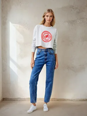 Women's Relaxed Fit  Logo Printed Cropped Sweatshirt Grey