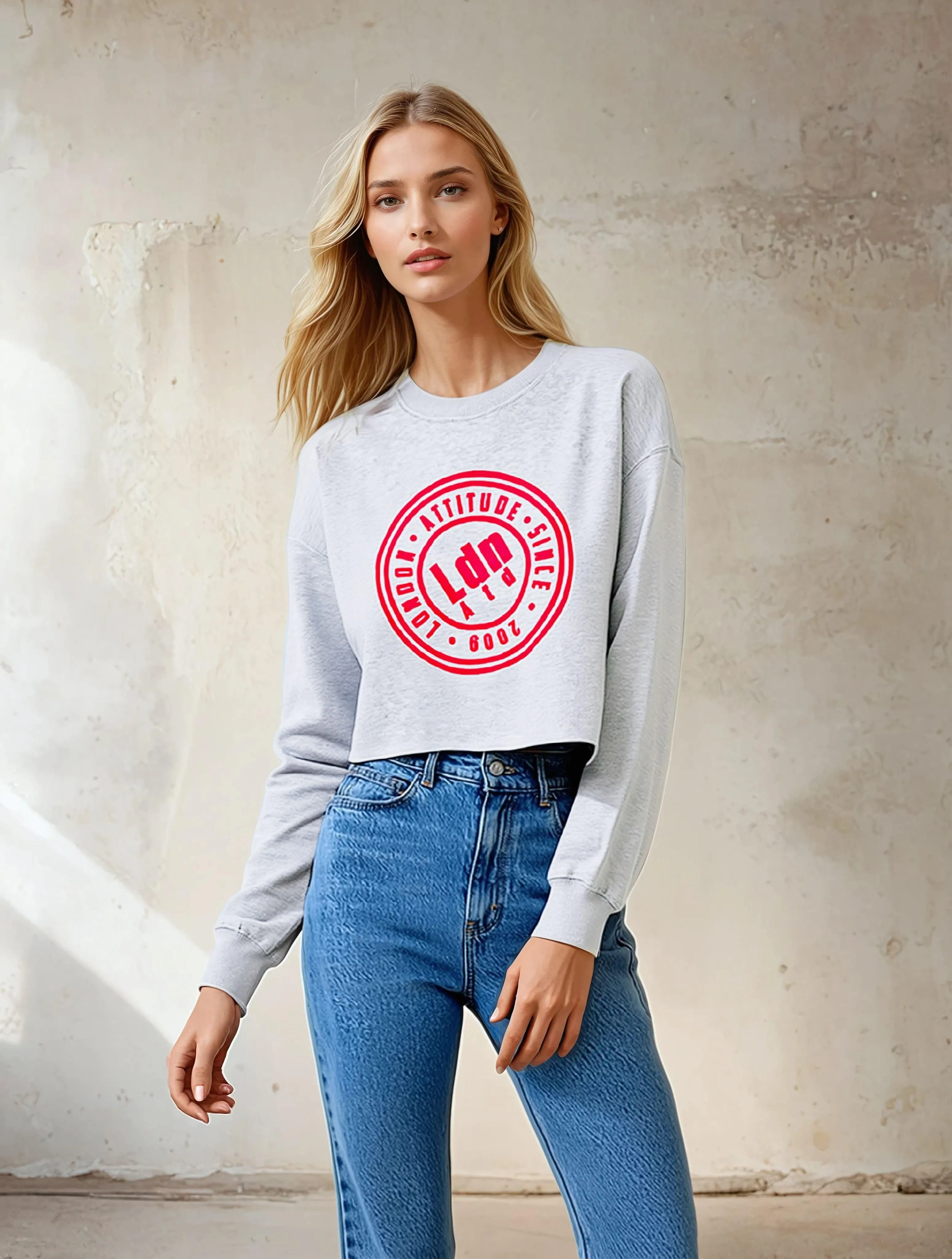 Women's Relaxed Fit  Logo Printed Cropped Sweatshirt Grey