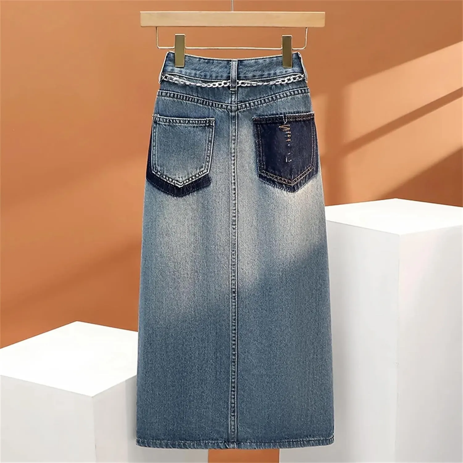 Women's Retro Stylish Pockets Denim Skirt Spring Summer A-Line High Waisted Mid Length Skirt