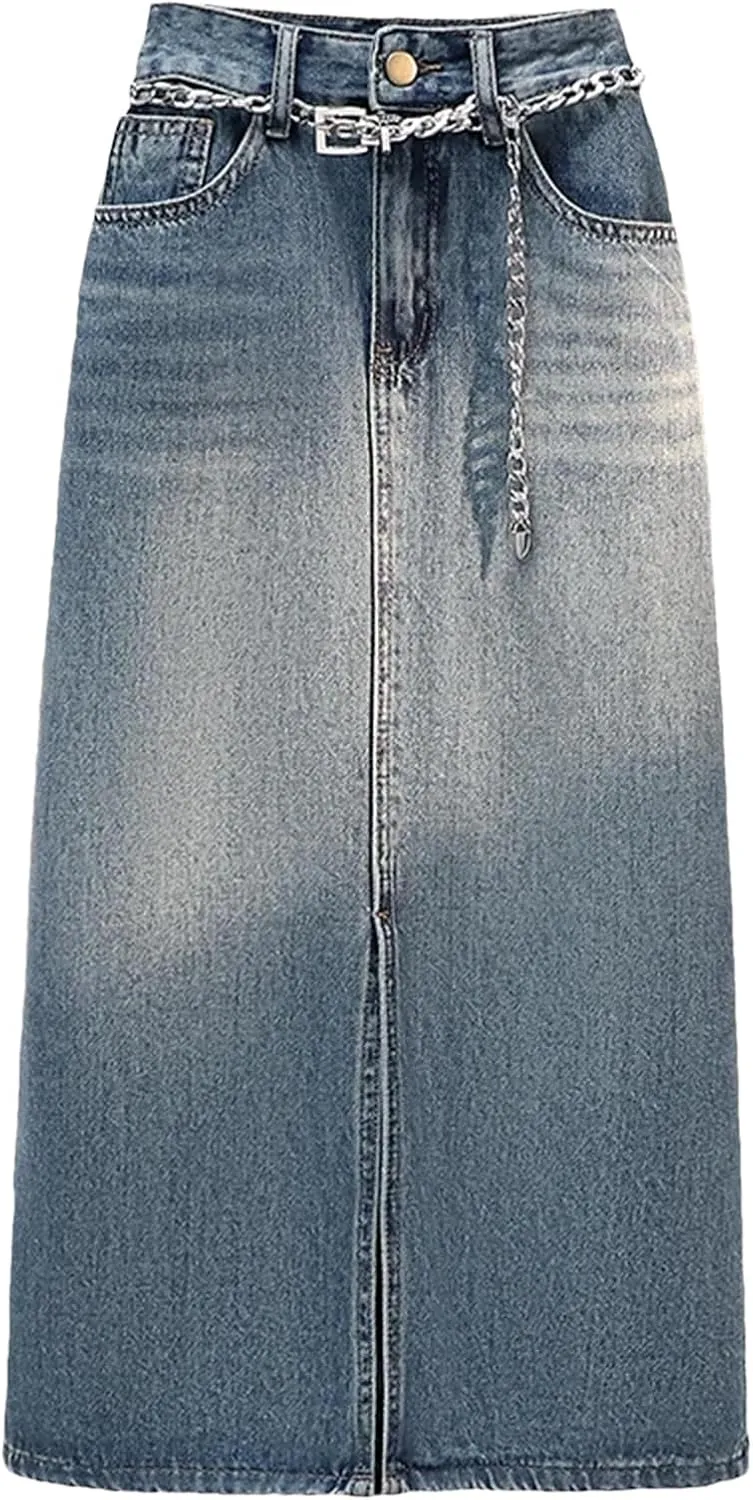 Women's Retro Stylish Pockets Denim Skirt Spring Summer A-Line High Waisted Mid Length Skirt