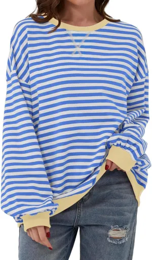 Womens Striped Oversized Sweatshirt Crewneck Long Sleeve Shirts Pullover Tops Trendy Loose Y2K Shirt