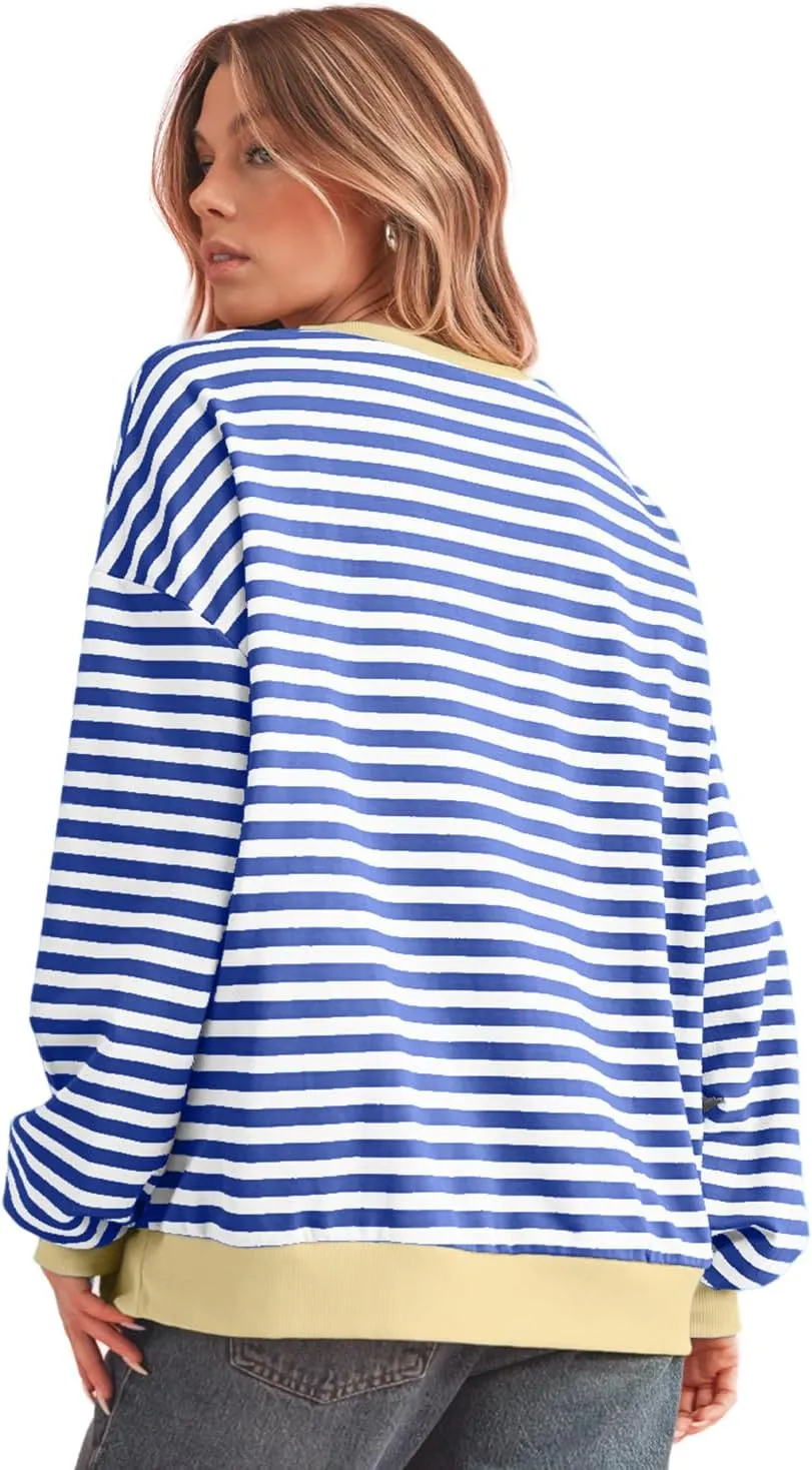 Womens Striped Oversized Sweatshirt Crewneck Long Sleeve Shirts Pullover Tops Trendy Loose Y2K Shirt
