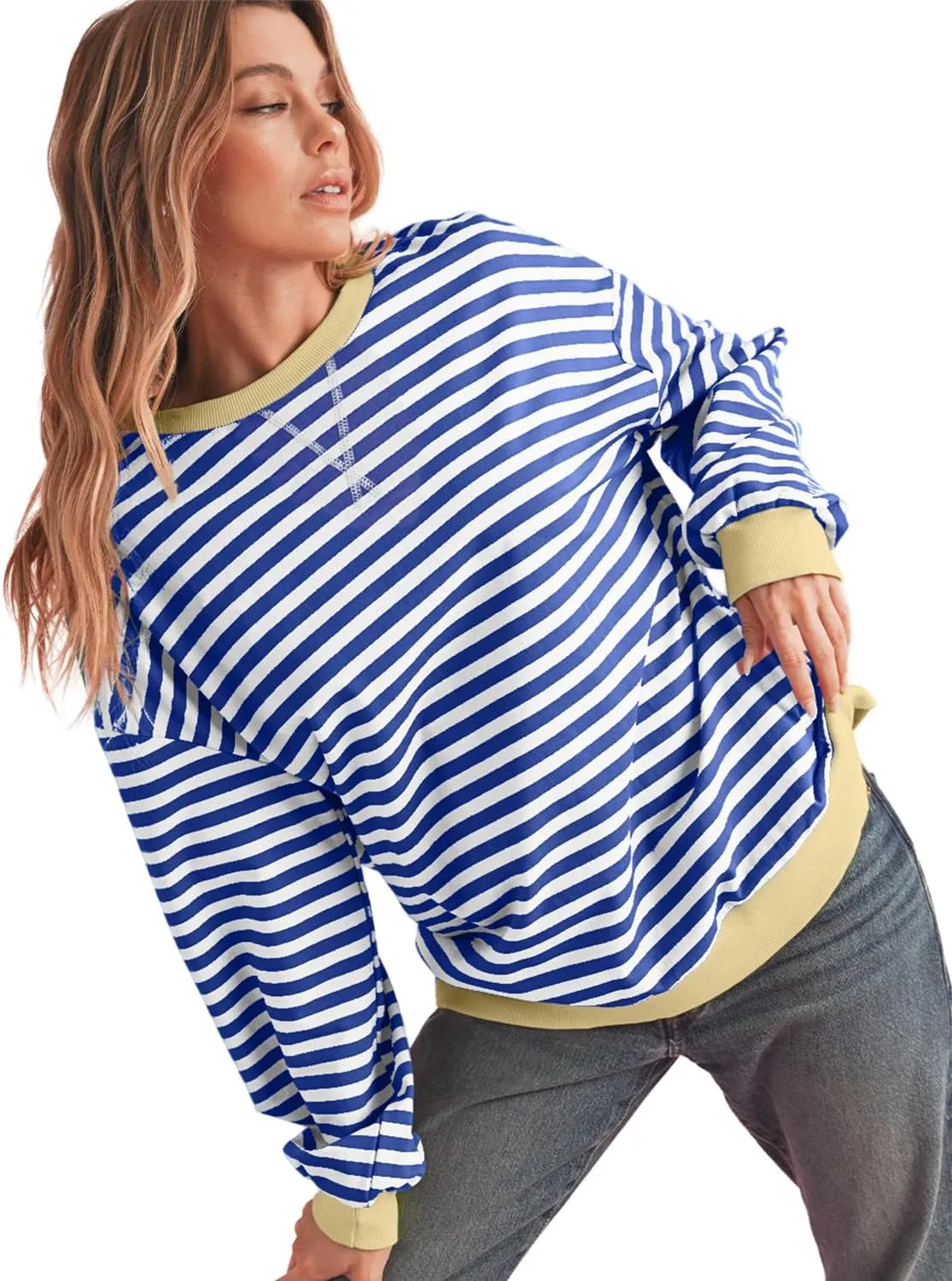 Womens Striped Oversized Sweatshirt Crewneck Long Sleeve Shirts Pullover Tops Trendy Loose Y2K Shirt