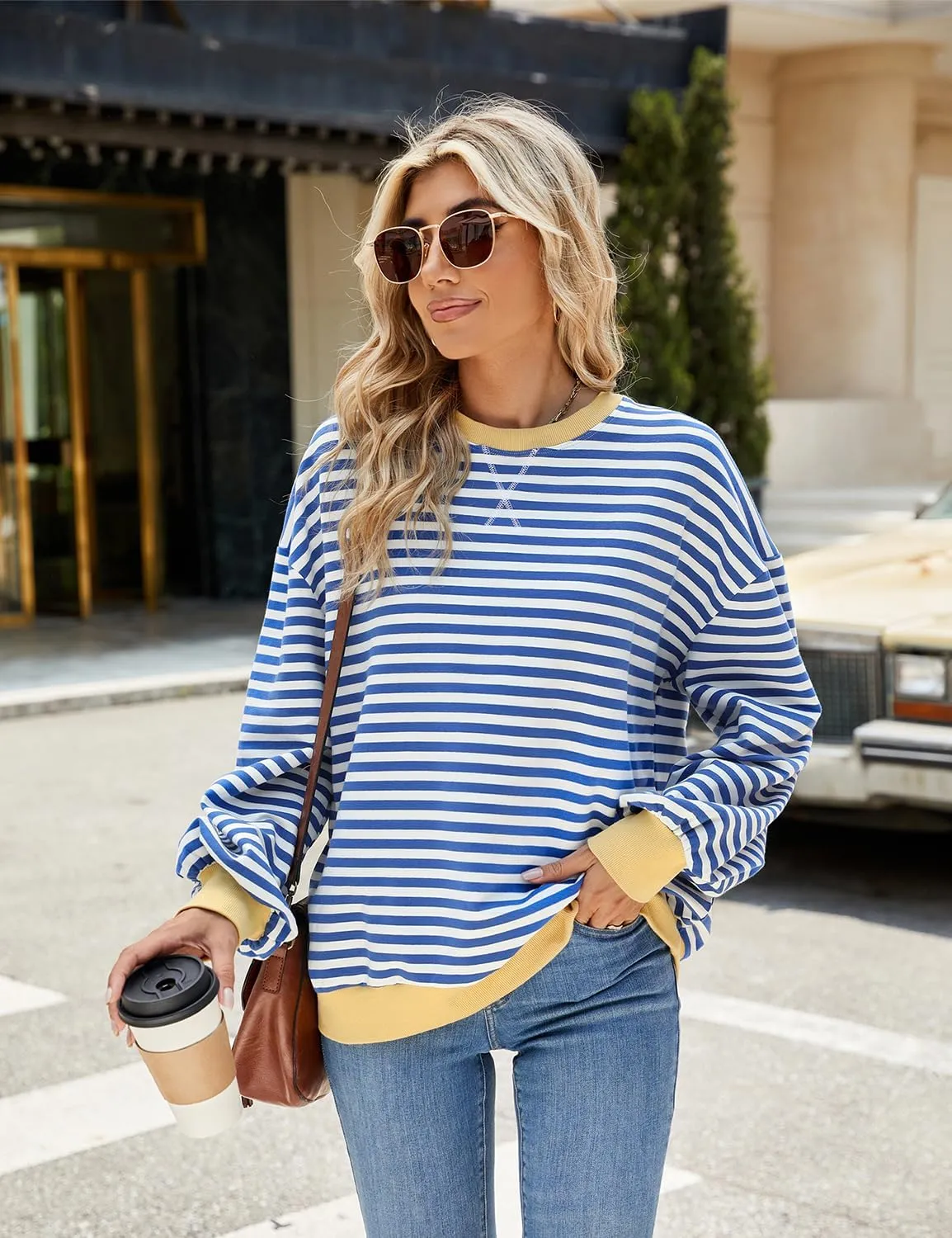 Womens Striped Oversized Sweatshirt Crewneck Long Sleeve Shirts Pullover Tops Trendy Loose Y2K Shirt