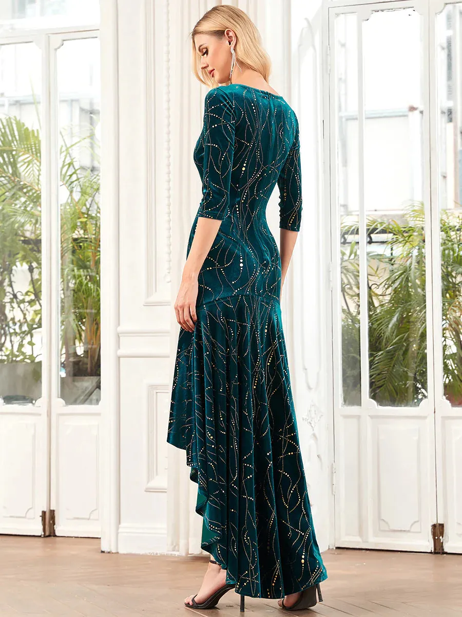 Women's Stylish Bodycon High-Low Velvet Party Evening Dress