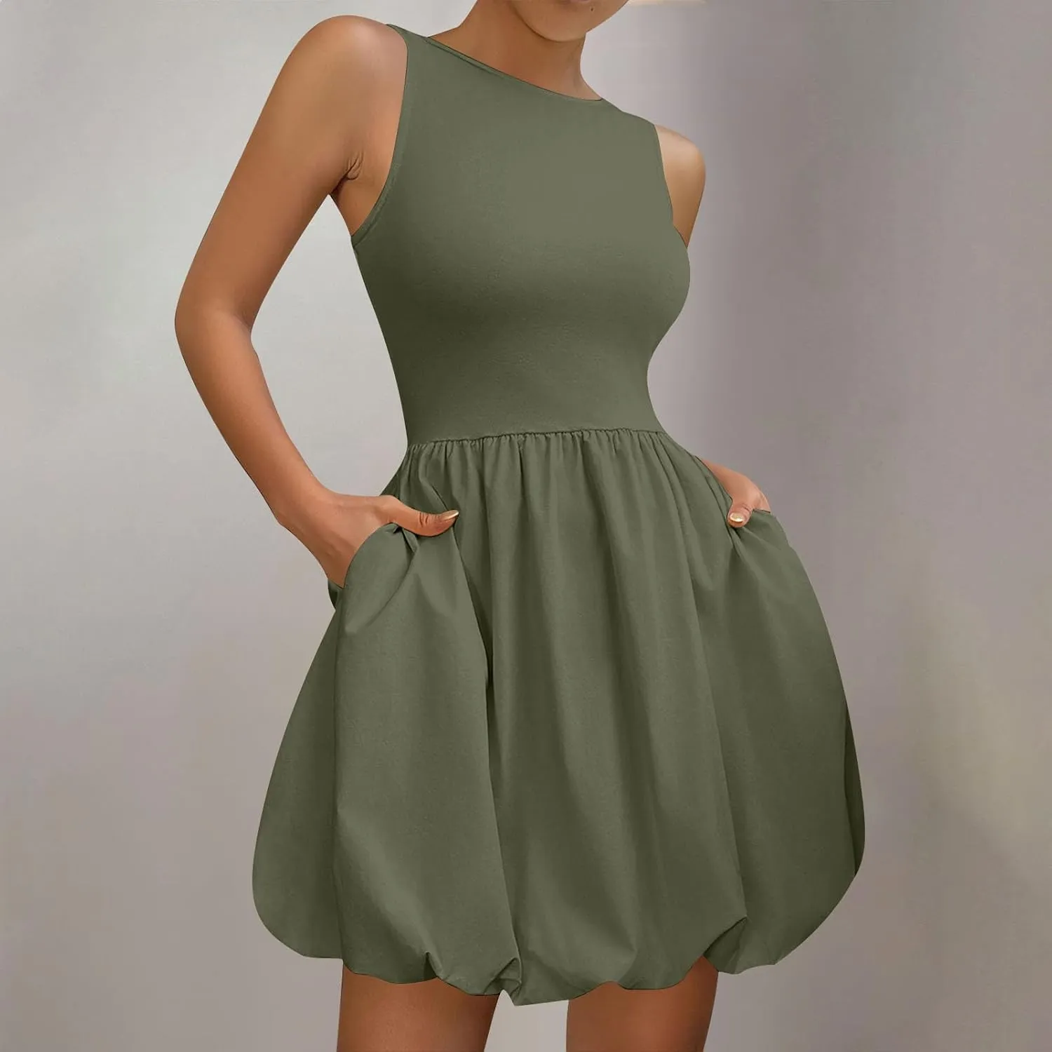 Women's Summer Casual Sleeveless Midi Sundress Scoop Neck Tank Dress Solid Flowy A Line Swing Wrap Tunic Dresses