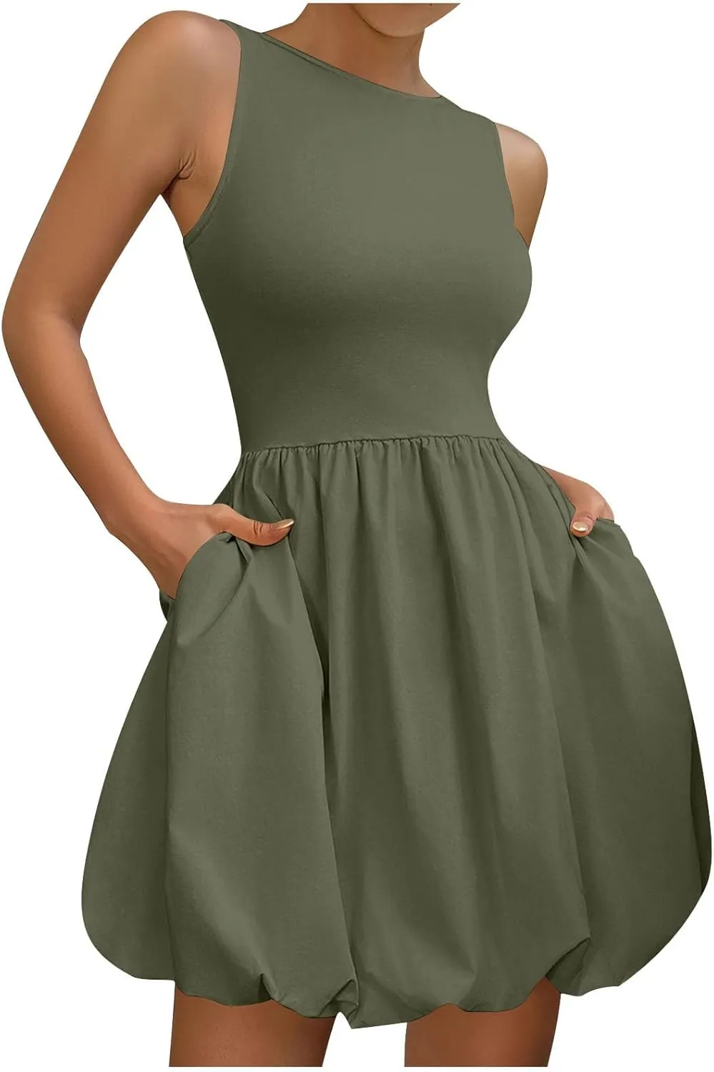 Women's Summer Casual Sleeveless Midi Sundress Scoop Neck Tank Dress Solid Flowy A Line Swing Wrap Tunic Dresses