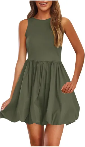 Women's Summer Casual Sleeveless Midi Sundress Scoop Neck Tank Dress Solid Flowy A Line Swing Wrap Tunic Dresses
