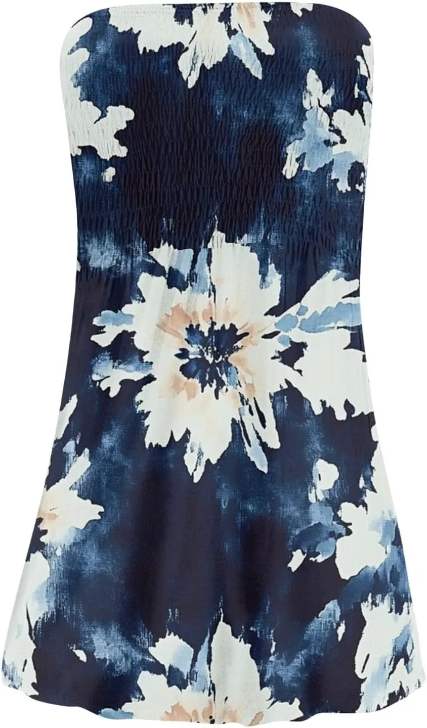 Womens Summer Sexy Strapless Tube Dresses Flowy Ruffle Boho Vivid Floral Mini Dress Backless A Line Short Sundress