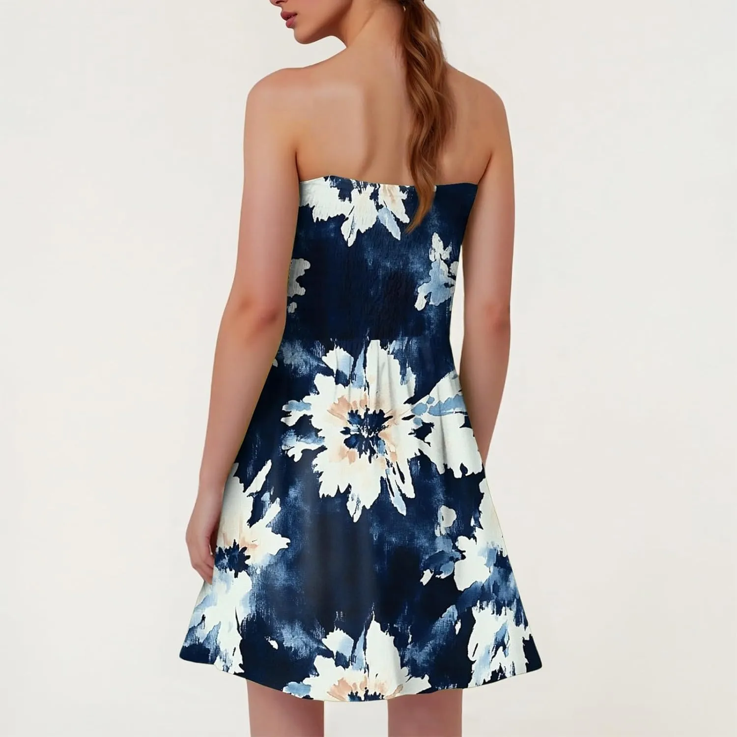 Womens Summer Sexy Strapless Tube Dresses Flowy Ruffle Boho Vivid Floral Mini Dress Backless A Line Short Sundress