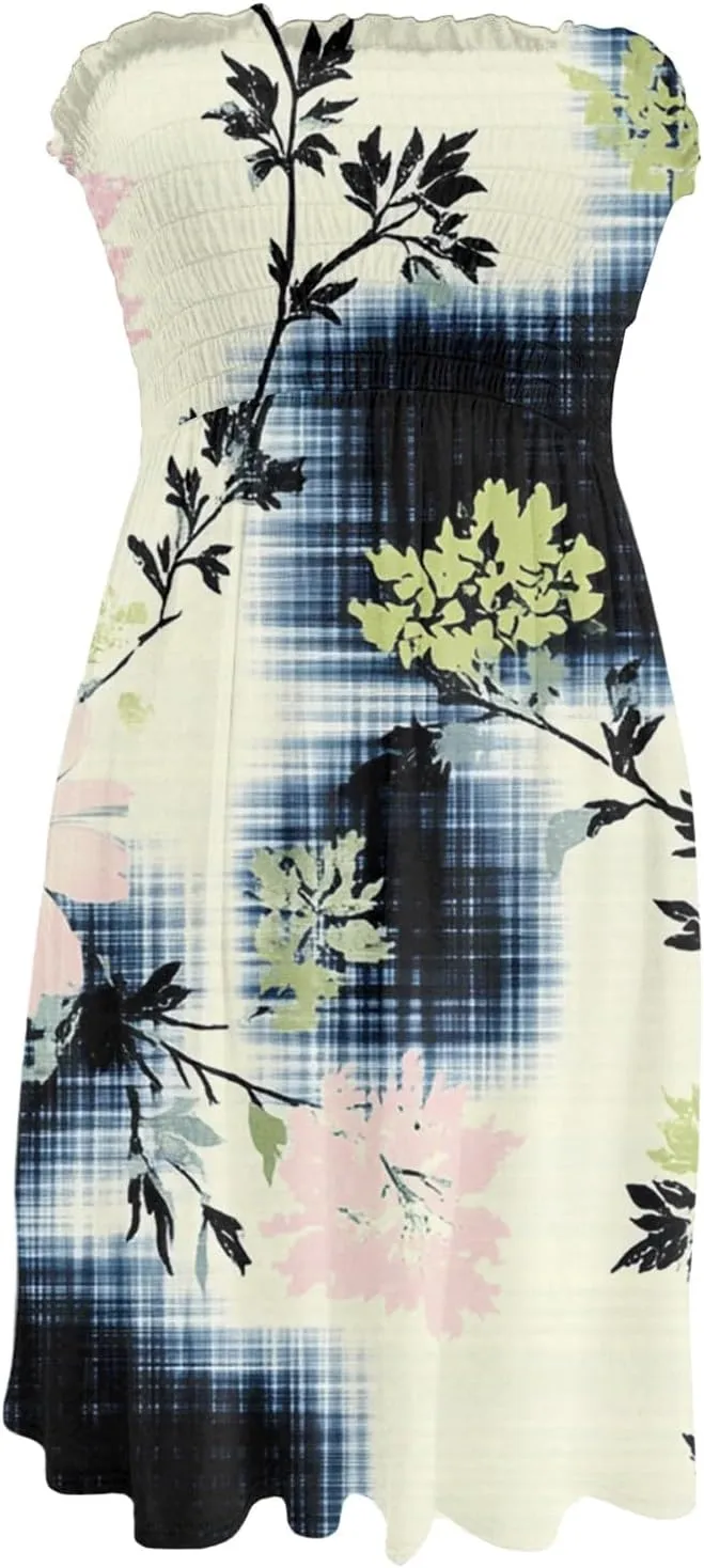 Womens Summer Sexy Strapless Tube Dresses Flowy Ruffle Boho Vivid Floral Mini Dress Backless A Line Short Sundress