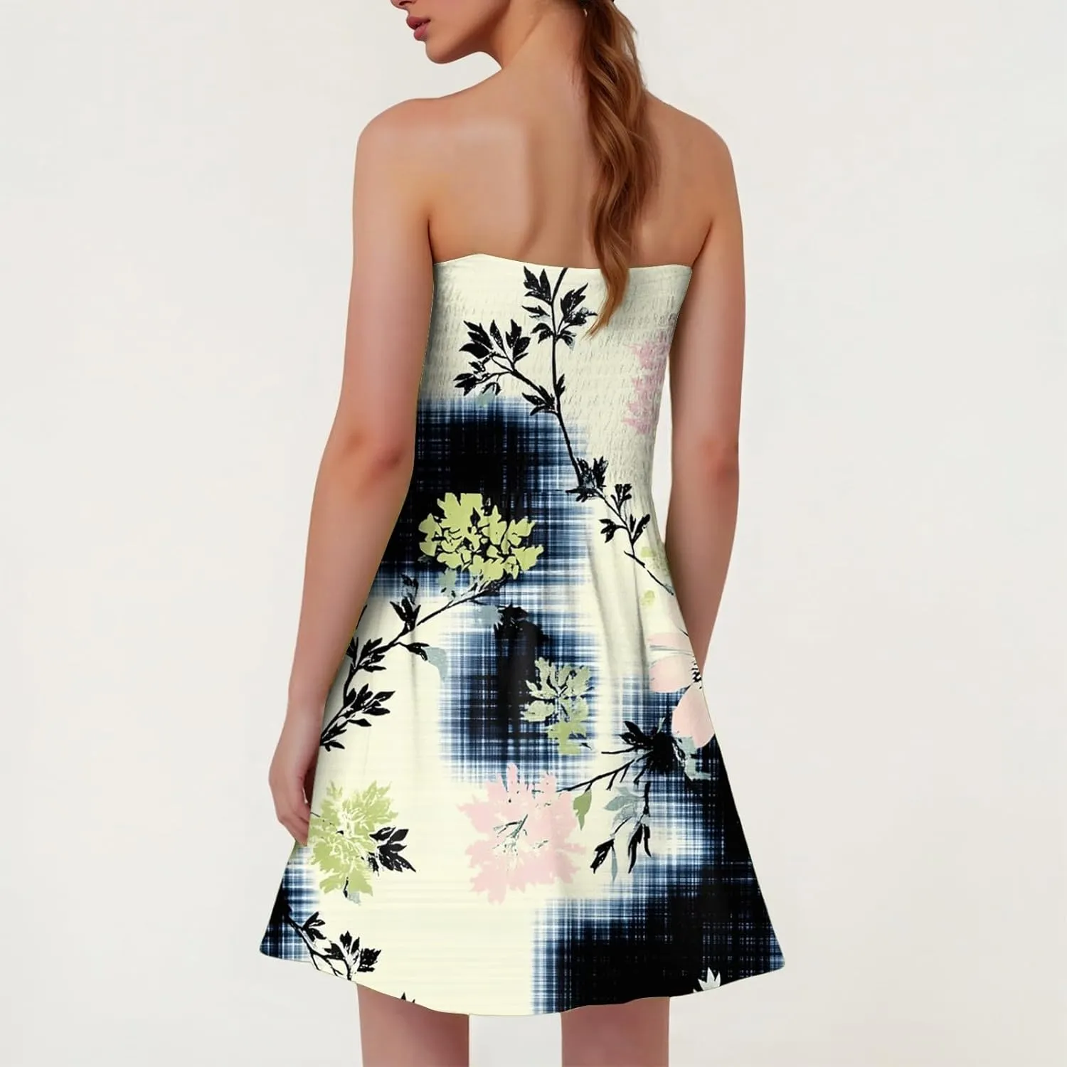 Womens Summer Sexy Strapless Tube Dresses Flowy Ruffle Boho Vivid Floral Mini Dress Backless A Line Short Sundress