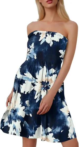 Womens Summer Sexy Strapless Tube Dresses Flowy Ruffle Boho Vivid Floral Mini Dress Backless A Line Short Sundress