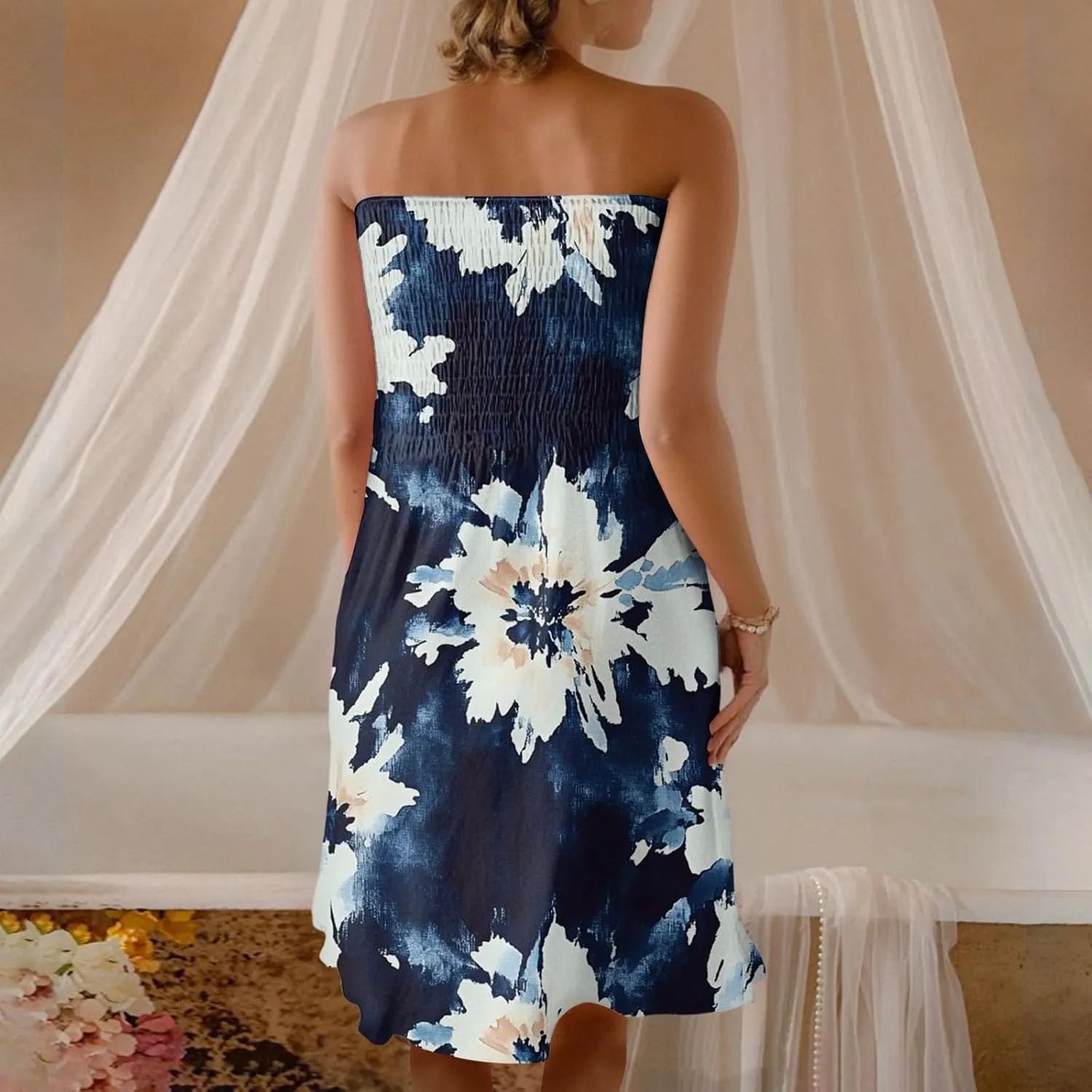 Womens Summer Sexy Strapless Tube Dresses Flowy Ruffle Boho Vivid Floral Mini Dress Backless A Line Short Sundress