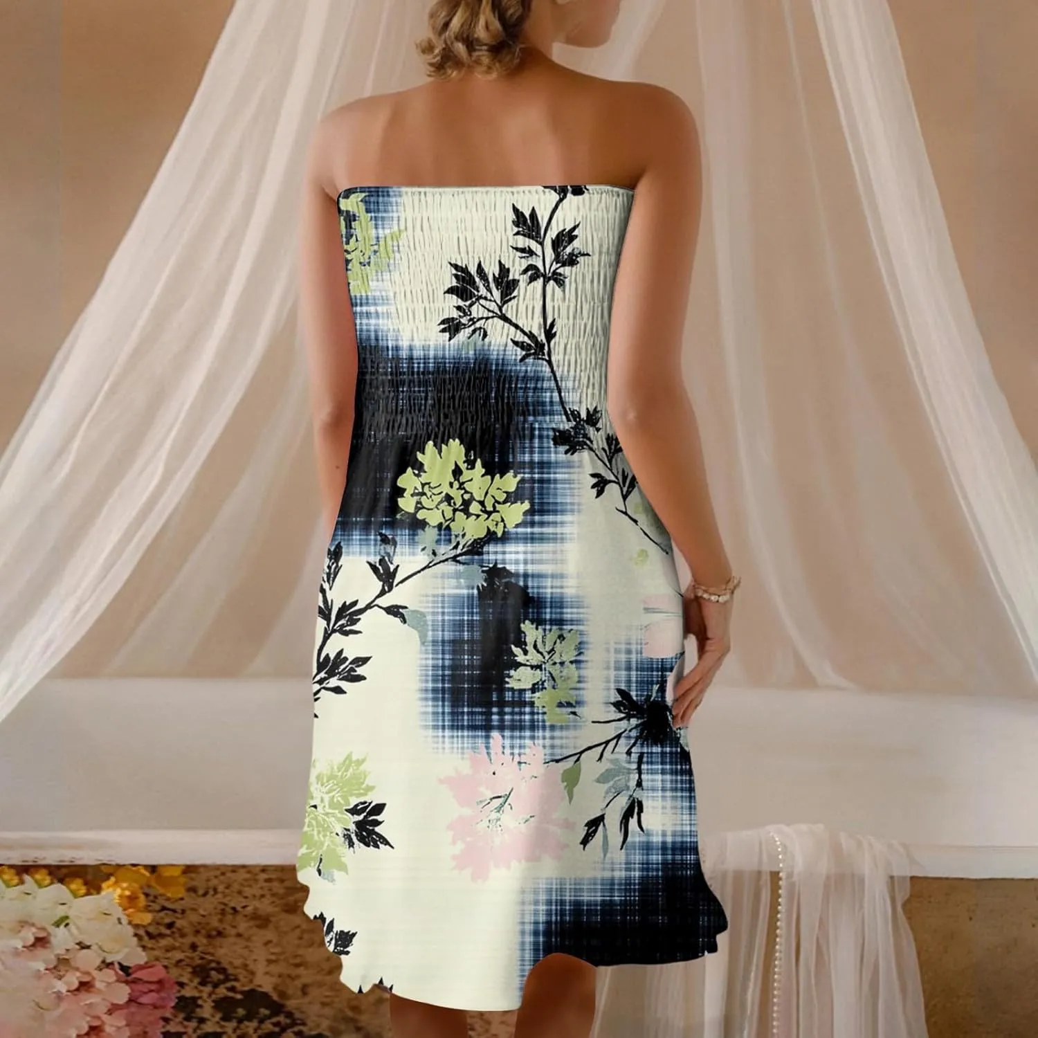 Womens Summer Sexy Strapless Tube Dresses Flowy Ruffle Boho Vivid Floral Mini Dress Backless A Line Short Sundress