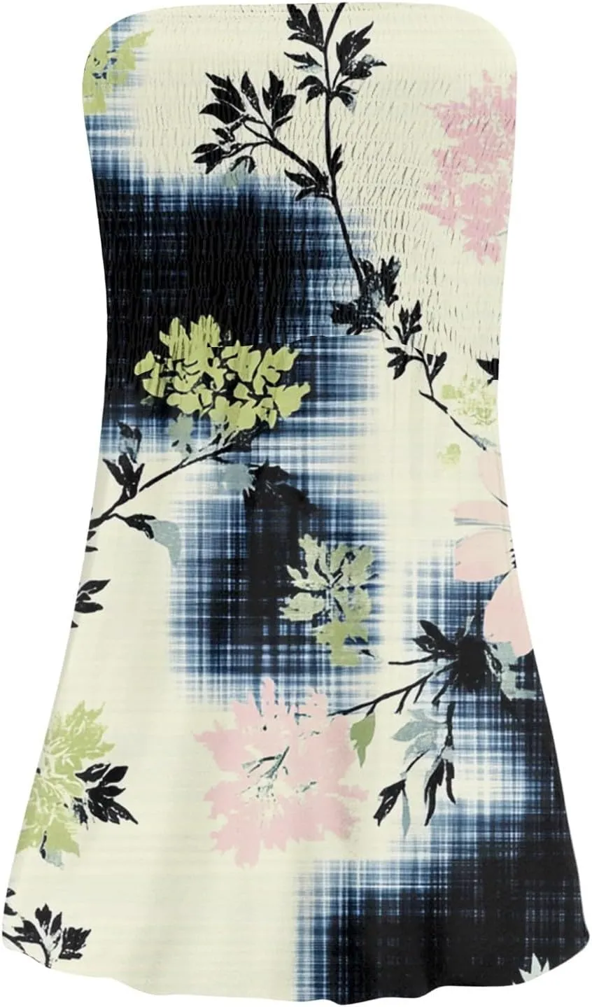 Womens Summer Sexy Strapless Tube Dresses Flowy Ruffle Boho Vivid Floral Mini Dress Backless A Line Short Sundress