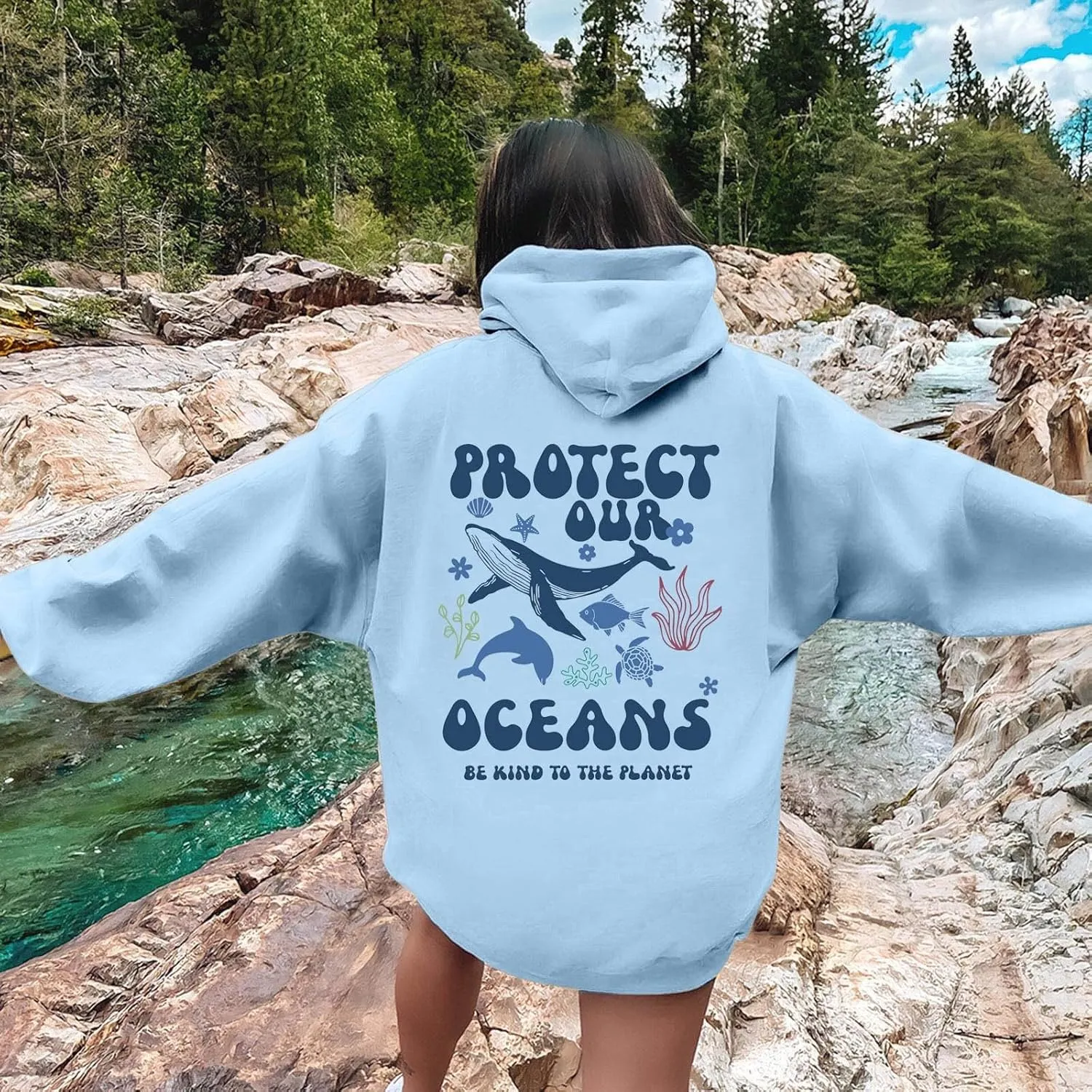 Womens Sweatshirt Graphic Oversized Hoodies Ocean Print Comort Long Sleeve Drawstring Pullover Surfing Hoodie