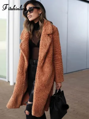 Women's Teddy Long Coats Notched Collar Lapel Faux Fur Jacket Open Front Winter Coats Plus Size Cardigan