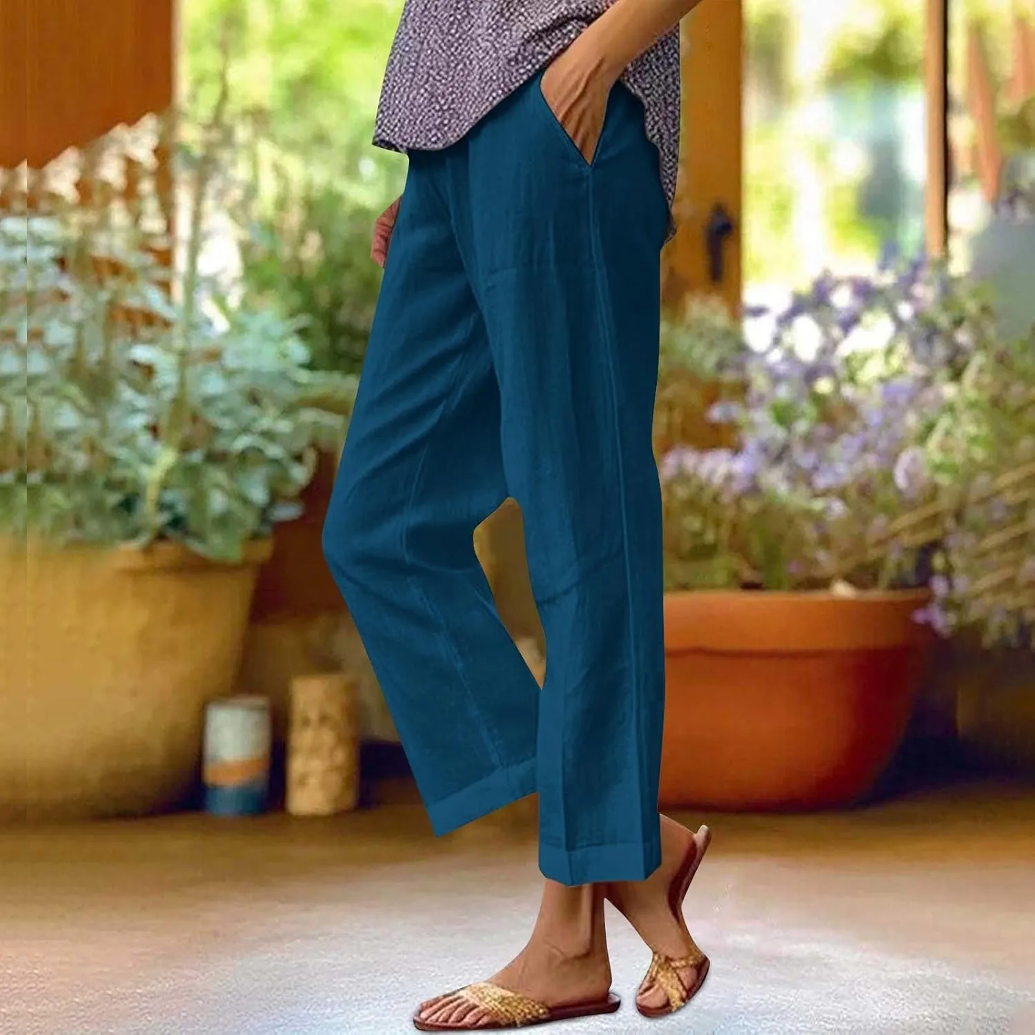 Womens Wide Leg Pants Fashionable Simple Casual Loose Pants Drawstring Loose Fit Summer Trousers Long Linen