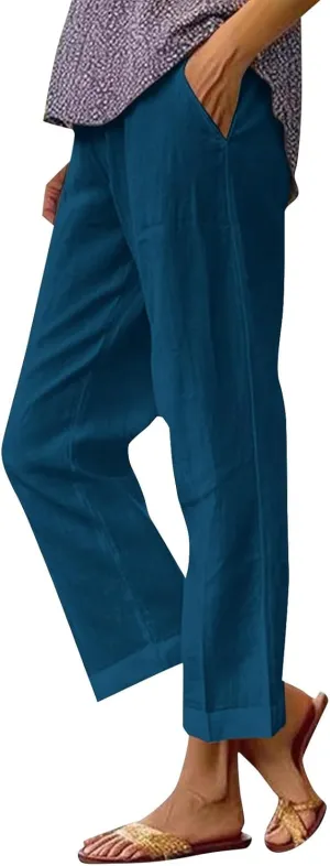 Womens Wide Leg Pants Fashionable Simple Casual Loose Pants Drawstring Loose Fit Summer Trousers Long Linen