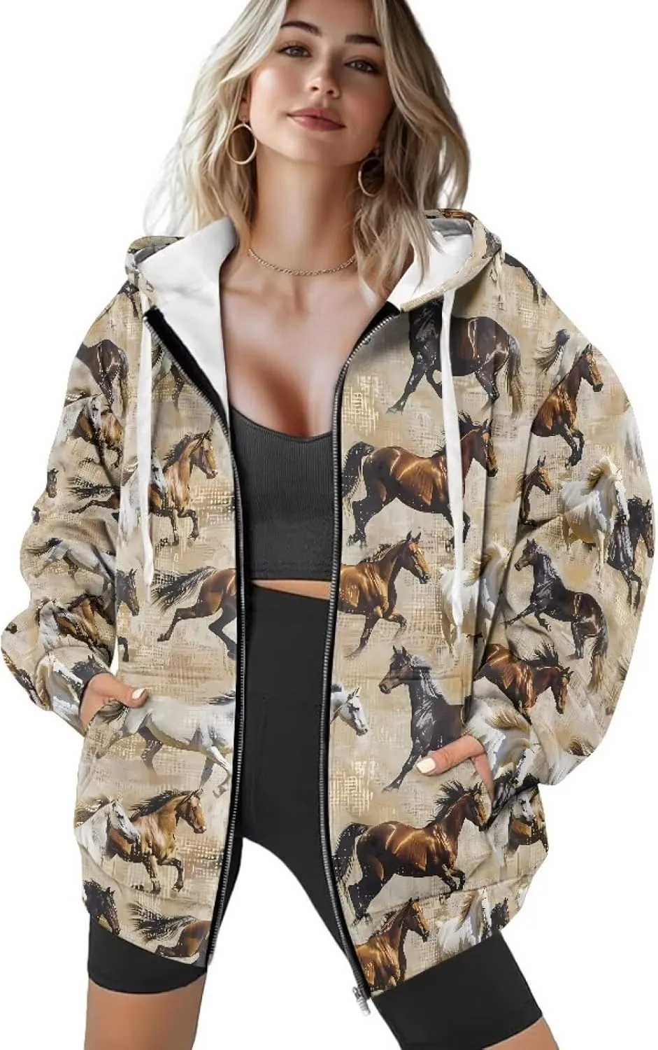 Womens Zipper Hoodie Casual Drawstring Hoodies Trendy Athletic Sweatshirt, Plus