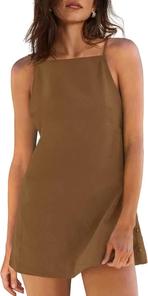 Yanekop Womens Linen Mini Dress Spaghetti Strap Short Beach Summer Dresses Sleeveless Sundress Open Back Dress