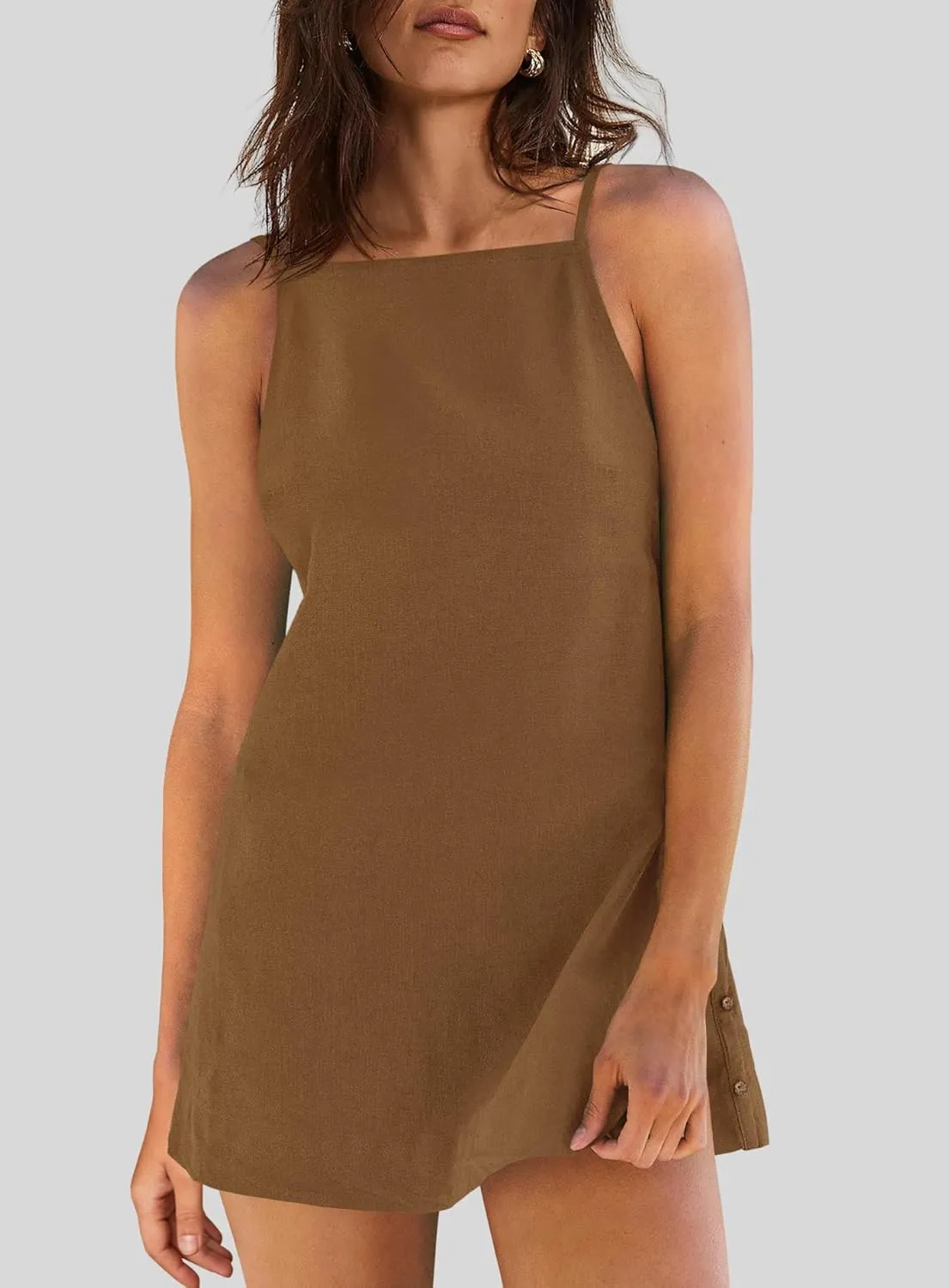 Yanekop Womens Linen Mini Dress Spaghetti Strap Short Beach Summer Dresses Sleeveless Sundress Open Back Dress
