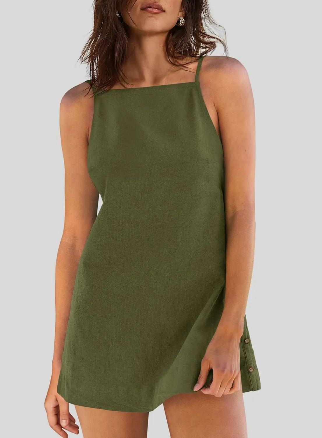 Yanekop Womens Linen Mini Dress Spaghetti Strap Short Beach Summer Dresses Sleeveless Sundress Open Back Dress