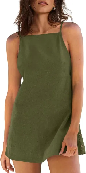 Yanekop Womens Linen Mini Dress Spaghetti Strap Short Beach Summer Dresses Sleeveless Sundress Open Back Dress