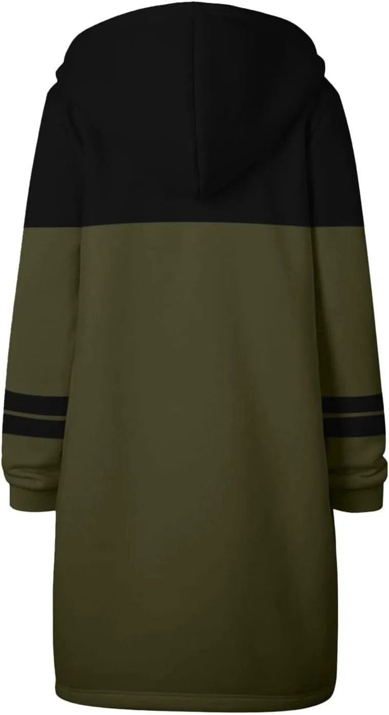 Zip Up Hoodie Women Long Sleeve Knee Length Tunic Hoodies Winter Fleece Hooded Sweatshirt 2024 Fall Long Jackets